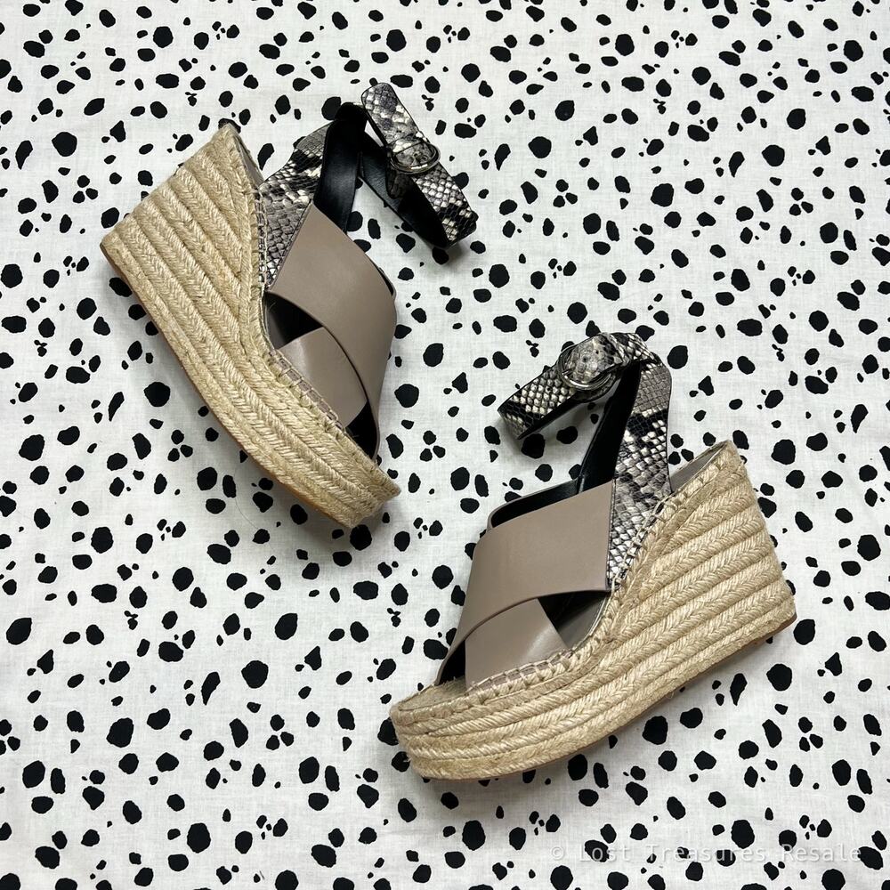 NEW Marc Fisher | Abacia Gray Snake Leather Espadrille Wedges Sandals Womens 8.5